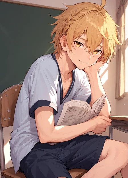 score_9, score_8_up, score_7_up, ultra detailed, source_anime,amazing quality, best aesthetic, smooth,HD32k, Uncensored ,best aesthetic,Realism:0.65,
,<lora:Aether1:0.96>,aether,1boy,male focus,solo,blonde hair,yellow eyes,ahoge,hair between eyes,medium hair,braid,,,skinny,bishounen, emaciate physique,student uniform,short sleeves,shorts,sitting on chair,reading magazine,light smile,fun,
in classroom,desk,chair,blackboard,
 <lora:add-detail-xl:0.7> <lora:g4n1m3XLP:0.7> g4n1m3, <lora:spgbfAndiraXLPony:0.6> andiradef,