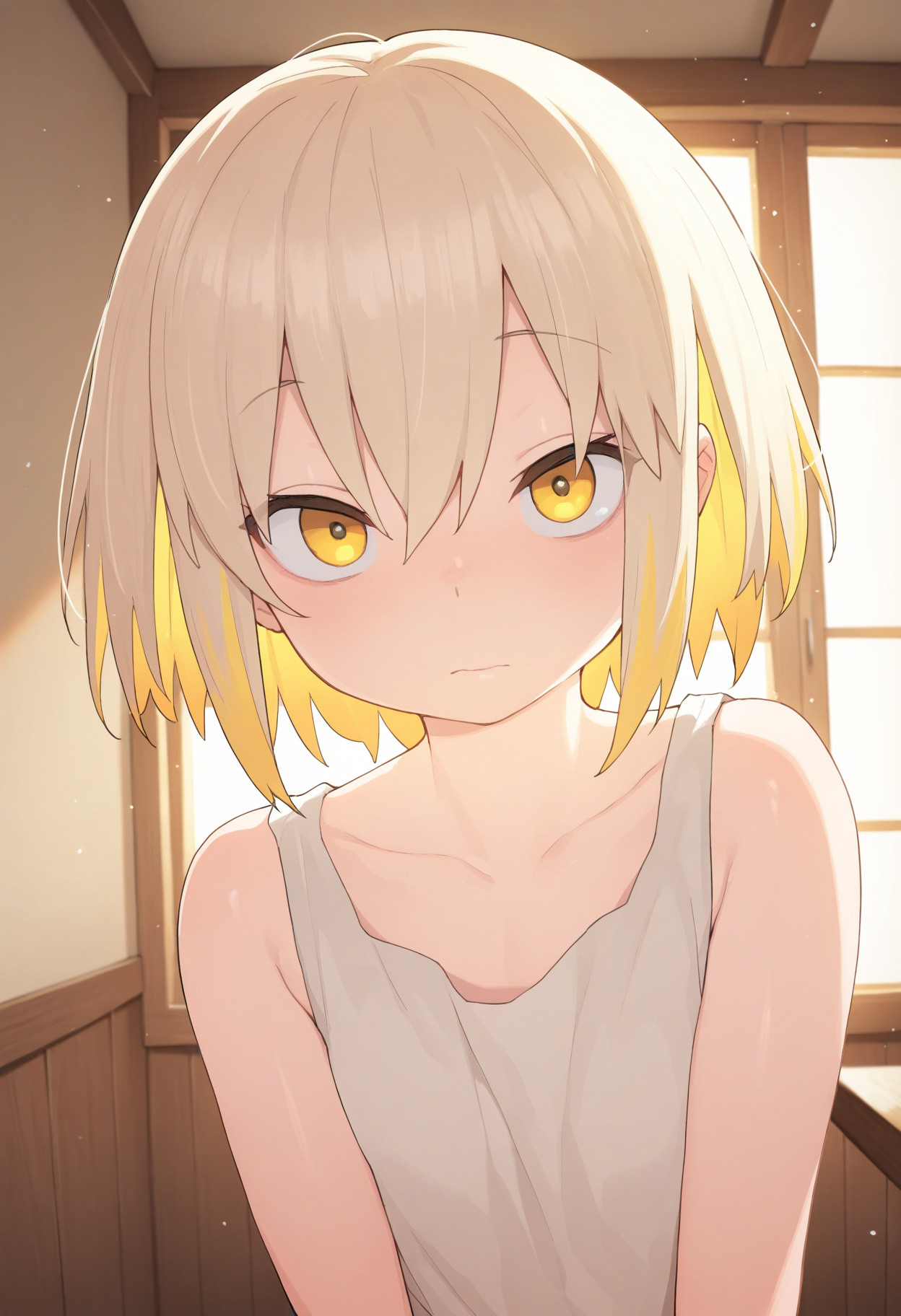 masterpiece,best quality,amazing quality, solo, 1girl, yellow eyes, blonde hair, looking at viewer, short hair, closed mouth, multicolored hair, hair between eyes, bangs, indoors,
 <lora:Henrybird:1>
