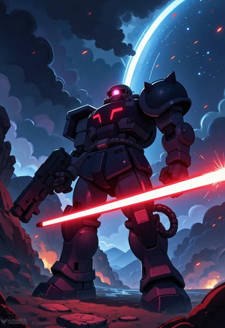 The Zaku II, mecha, war, (Zaku II:1.5), war machine, (dramatic angle: 1.5), solo_focus, facing viewer, illuminated, vivid, sharp, bright, cinematic_lighting, (all complex), (best quality ), (CG game),
holding lightsaber, ((rilfe canon)), laser beam, space, galaxy, war, spaceships, precise and powerful, high-tech machinery, sparks flying, mecha, robot, shiny, ef_ffct,
(blue, red: 1.3)