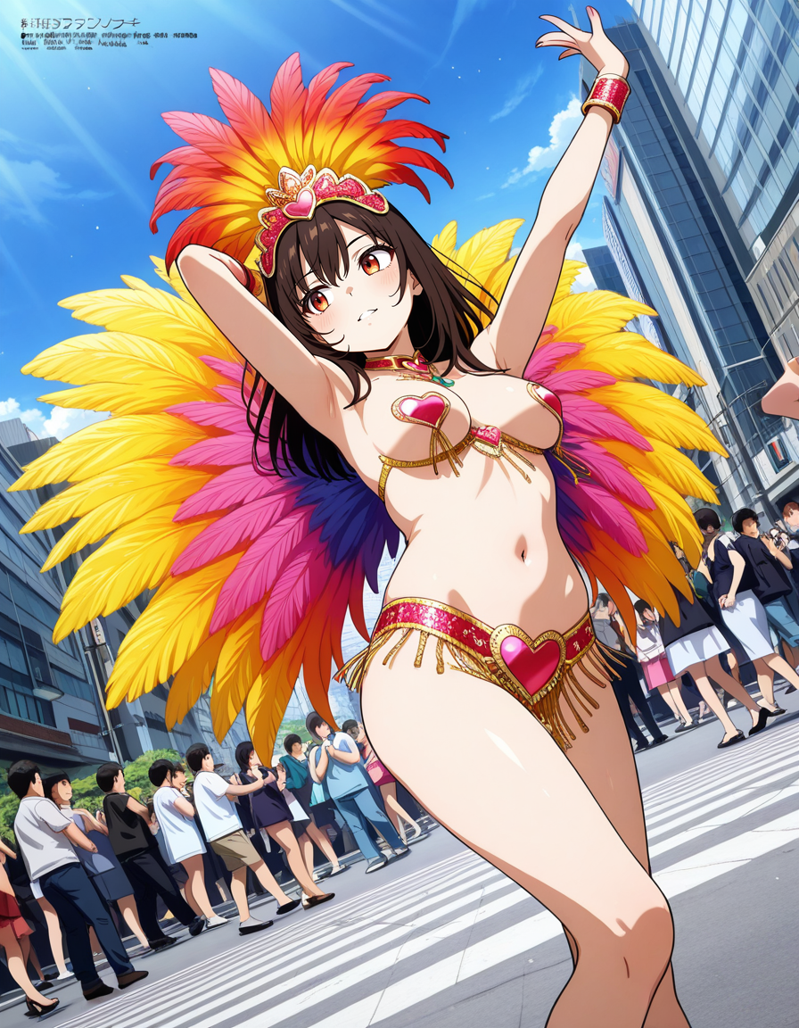 score_7_up, anime BREAK official art, solo, 1girl, one girl, 
dynamic angle, dynamic pose, megami magazine, 
BRERAK, 
<lora:Asakusa_Samba_Carnival_v2:0.8>, Asakusa Samba Carnival, outdoors, day, road, street, sidewalk, city, building, multiple girls, solo focus, dancing, Samba costume, 
midriff, navel, nipple cover, jewelry, medium breasts, samba costume, revealing clothes, heart cover, Revealing costume, 
(masterpiece:1.3), best quality, high resolution, unity 8k wallpaper, extremely detailed CG, 8K, perfect anatomy, highly finished, masterpiece, best quality, high quality, amazing quality, great quality, very aesthetic, ultra detailed, highres, absurdres, highly detailed, highly detailed background,