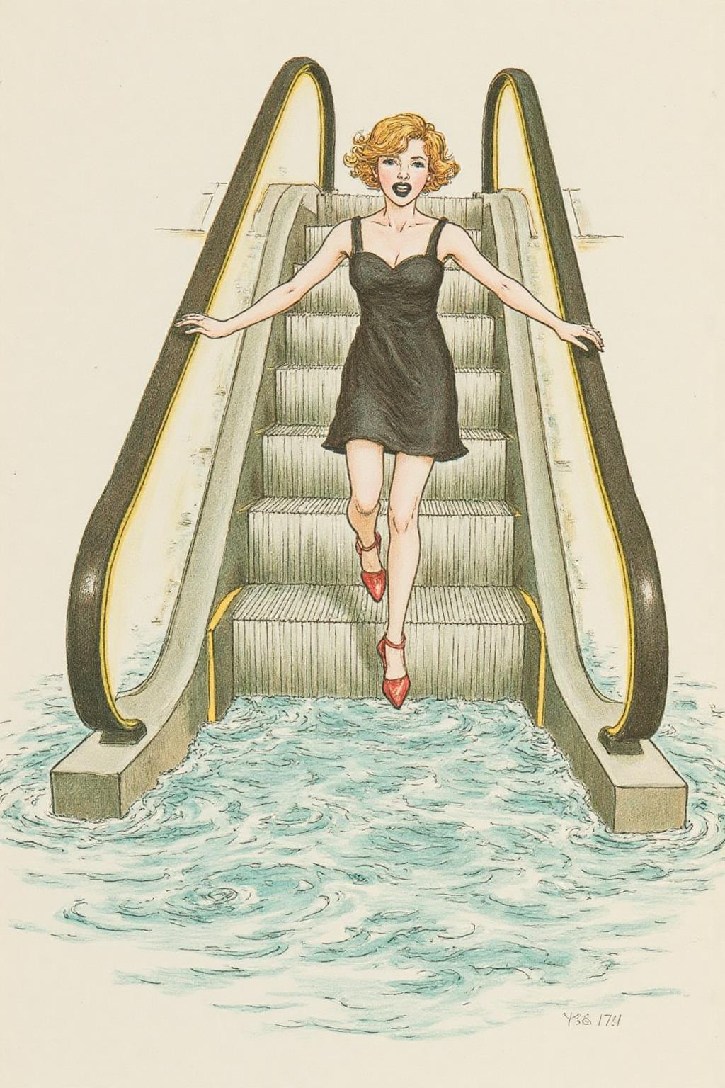 kategreenaway1 illustration. 
A woman in a chic little black dress and vibrant red high heels, gracefully descending an escalator. She wears black lipstick and is screaming. Her attire exudes elegance and sophistication, with the red heels providing a bold pop of color against the classic black dress. The escalator itself, typically found in a mall or airport, leads downwards into an unexpected and dreamlike destination -- pool of rippling water. The water is blue and ripples as the escalator's steps disappear beneath the surface.  <lora:kategreenaway1_f16e6:1.0><lora:870956206108187303:0>