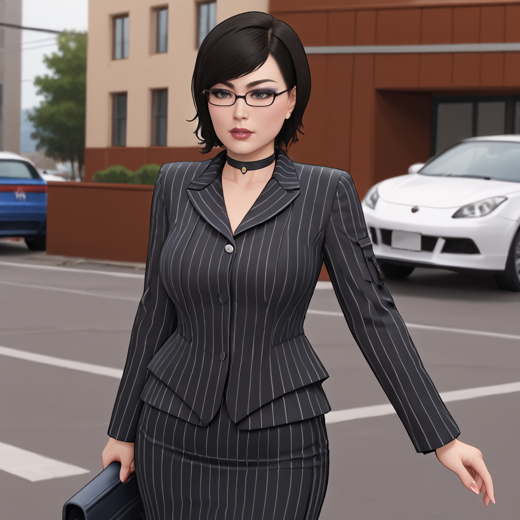 <lora:yuriwatanabespidermanps4_pony_v1:.8> YuriWatanabePS4, 1girl, solo, large breasts, , black hair, short hair, lips, cowboy shot,, lipstick,eyeshadow, cowboy shot <lora:0856 OL professional suit skirt 1_v1_pony:1> ruanyi0856,striped jacket,choker,black pantyhose,striped skirt,glasses,black skirt,pinstripe pattern