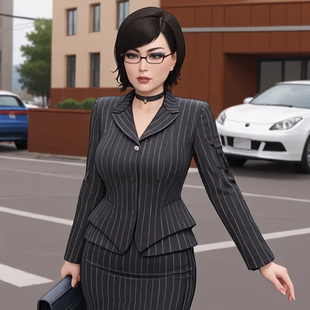 <lora:yuriwatanabespidermanps4_pony_v1:.8> YuriWatanabePS4, 1girl, solo, large breasts, , black hair, short hair, lips, cowboy shot,, lipstick,eyeshadow, cowboy shot <lora:0856 OL professional suit skirt 1_v1_pony:1> ruanyi0856,striped jacket,choker,black pantyhose,striped skirt,glasses,black skirt,pinstripe pattern