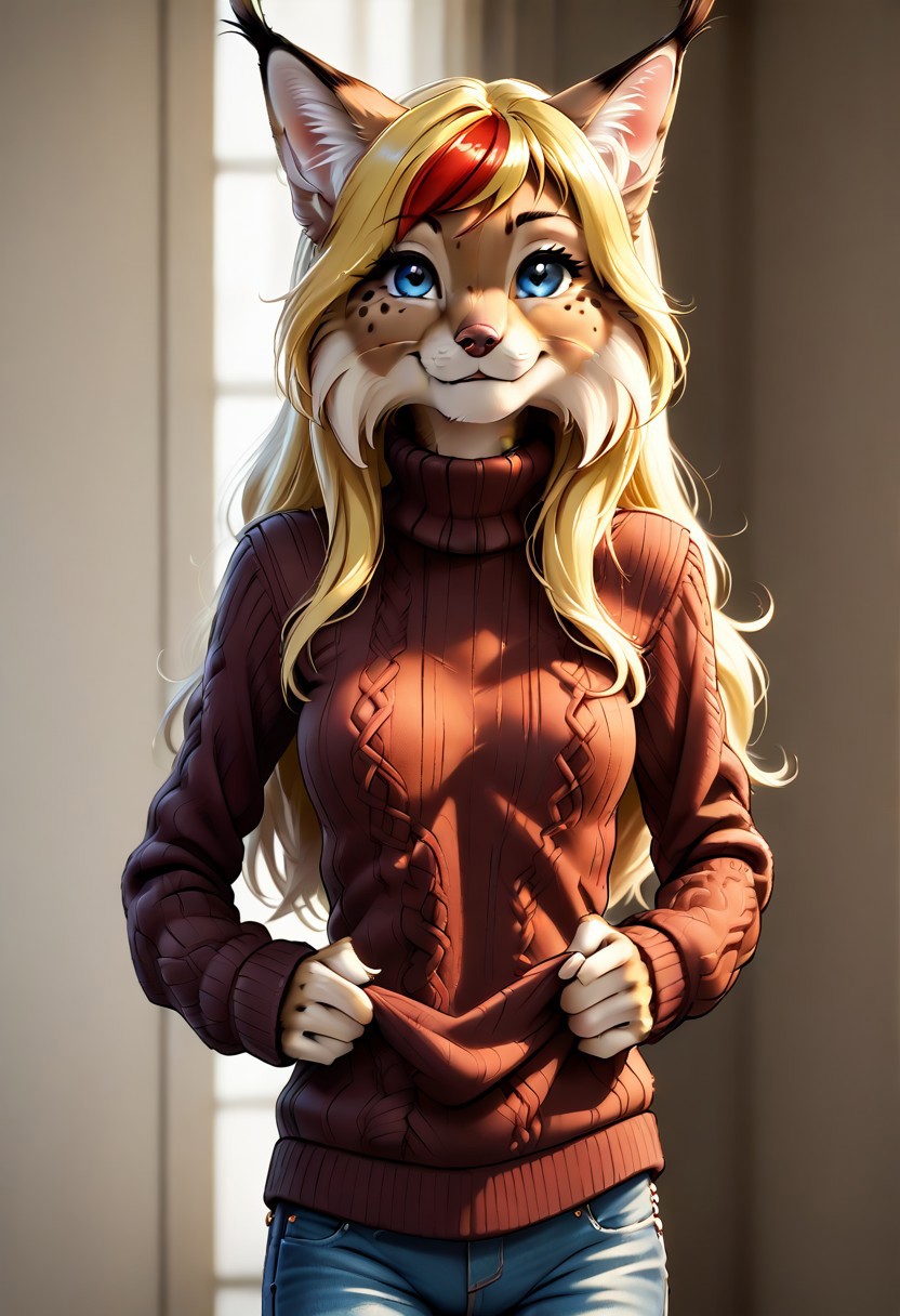 digital_media_(artwork) hi_res, score_9, score_8_up, score_7_up, score_6_up, score_5_up, score_4_up, rating_safe, beautiful, anthro, furry, female, detailed textured fur, fur tufts, fluffy, slim, slender, small breasts, cute, sweater, denim jeans, beautiful blue eyes, smile, solo, SFW, long blonde hair, lynx, multicolored hair, streaked hair, SakuranP,