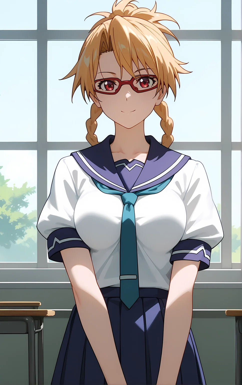 (score_9, score_8_up, score_7_up), standing, looking at viewer, closed mouth, light smile, tight clothes, close-up,
ohwx, 1girl, solo, school_uniform, glasses, braid, breasts, skirt, blonde_hair, red-framed_eyewear, pleated_skirt, large_breasts, serafuku, long_hair, blue_skirt, necktie, ponytail, sailor_collar,
<lora:furan_takaki_pony_ss:1>
window, sunlight, classroom,
