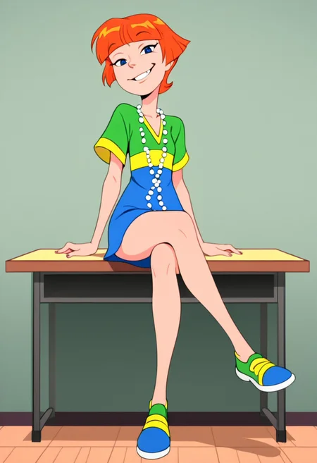 1 girl, solo, orange hair, short hair, blue eyes, large shirt, multicolored shirt, v-neck shirt, long pearl necklace, multicolored shoes, looking at viewer, smiling, seductive, sitting on desk, grin, biting lip, tugging at collar, adult, tall height, woman, sexy, crossing legs, full body,