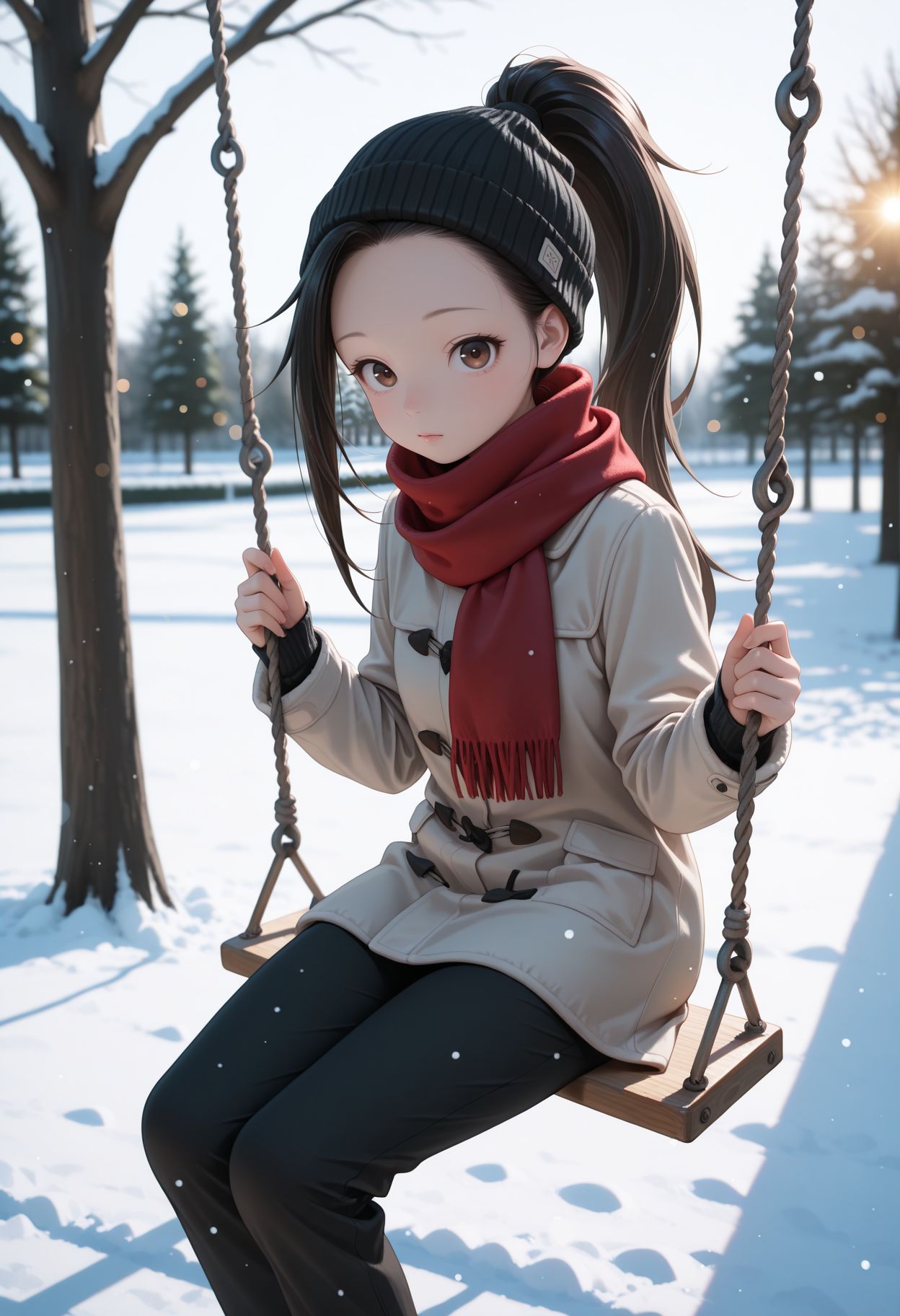 masterpiece,best quality,absurdres,highres,very aesthetic,high quality,detailed,insanely detailed,beautiful,perfect lighting, ,depth of field,blurry background,bokeh, looking at viewer, 
 <lora:Tsubaki illu:1> 1girl, black hair, high ponytail, long hair, brown eyes, forehead, winter clothes, beanie, scarf, coat, pants, sitting, swinging, outdoors, park, snow, tree, swing,