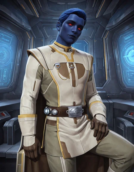 cinematic_depth, 8k, soft_lighting, warm_glow, ultra_high_quality, masterpiece, best quality, newest, perfect quality, best quality, detailed background, intricate details, male focus, realistic, <lora:SWTOR - Aristocra Saganu - Illustrious-000004:0.7>, swtor_saganu, 1boy, chiss, blue hair, very short hair, blue skin, red sclera, no pupils, glowing eyes, tunic, long cape, contrapposto, looking at viewer, spacecraft interior, sitting, head tilt, contrapposto, from side, gloves, belt, pants, hand on own lap