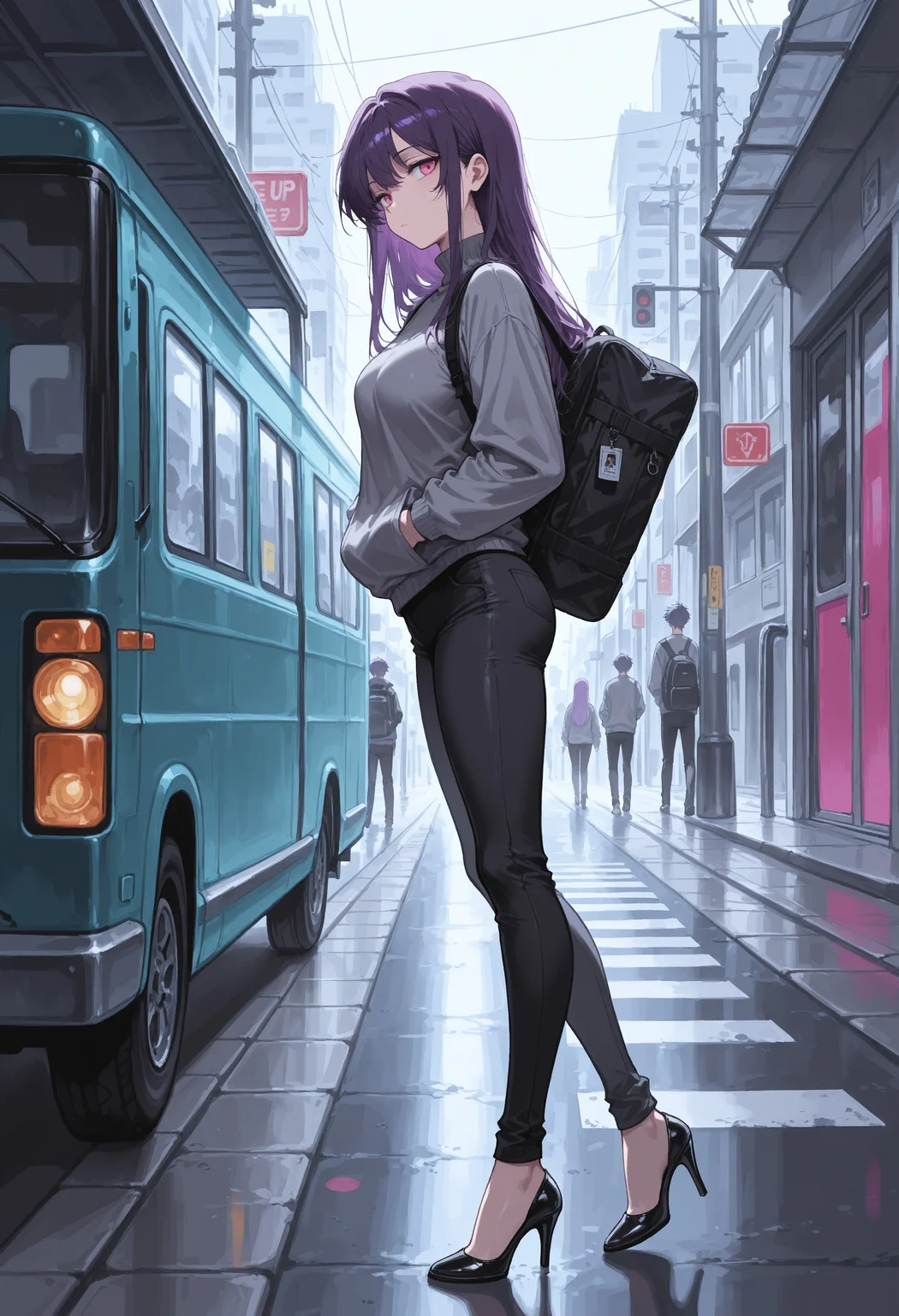 8k,best quality,masterpiece,(ultra-detailed),(high detailed skin),colorful, best quality, 2d, perfect anatomy, score_9, score_8_up, score_7_up, score_6_up, source_anime, rating_explicit, bored, purple hair, long hair, pink eyes, medium breast, black pants, gray sweater, black high heels, sports bag, street, walking, get off the bus,