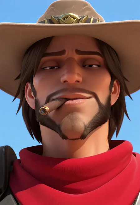 0v3rw4tch, 3d, lips, nose, 1boy, cassidy \(overwatch\),
smug, cigar, facing up, looking down, blue sky, cowboy hat, beard, thick eyebrows,
very awa, masterpiece, best quality, year 2024, newest, absurdres, highres <lora:sdxl_lightning_8step_lora:1> <lora:Overwatch_Style:1>
