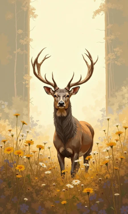 Full shot of a stag in a field of wildflowers.
The stag, centered in the image, is a light brownish-gray color. Its large antlers are prominent and extend outward from its head. Its body is positioned in a direct-facing, slightly angled stance.
The field of wildflowers is primarily composed of light yellowish-brown and beige colored flowers and stalks. The flowers are various sizes and some appear slightly blurred, likely due to the depth of field or stylistic choices.
The background has a soft, hazy quality. The light appears to be warm and golden-toned, casting a soft glow over the entire scene. There are subtle hints of light and shadow, contributing to dimension. A soft background effect or mist is visible, creating a sort of ethereal quality to the scene. The color palette is predominantly muted, warm tones ranging from light yellow-gold to browns. Vertical lines of what appear to be faint tree or building forms are visible in the upper boundaries of the image, but are not clear.
<lora:FLUX-daubrez-DB4RZ-v2:1> DB4RZ, DB4RZ style painting