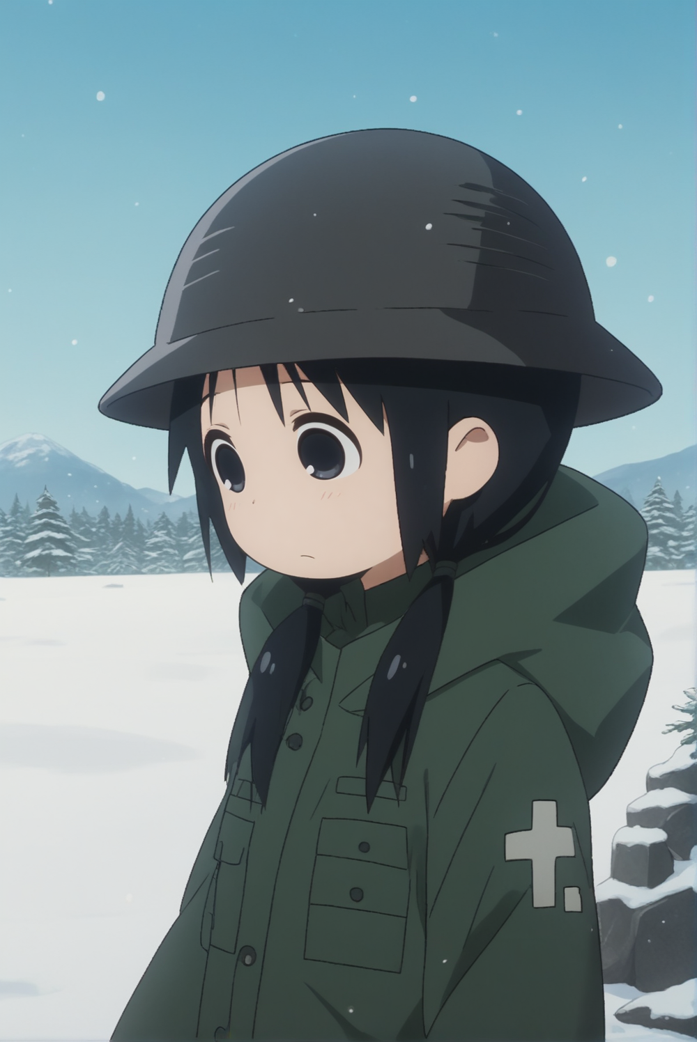 score_9, score_8_up, score_7_up, source_anime, anime coloring, Chito_GLT, black hair, black eyes, twintails, military helmet, outdoors, snow,   <lora:Chito_and_Yuuri_Girls_Last_Tour:1>