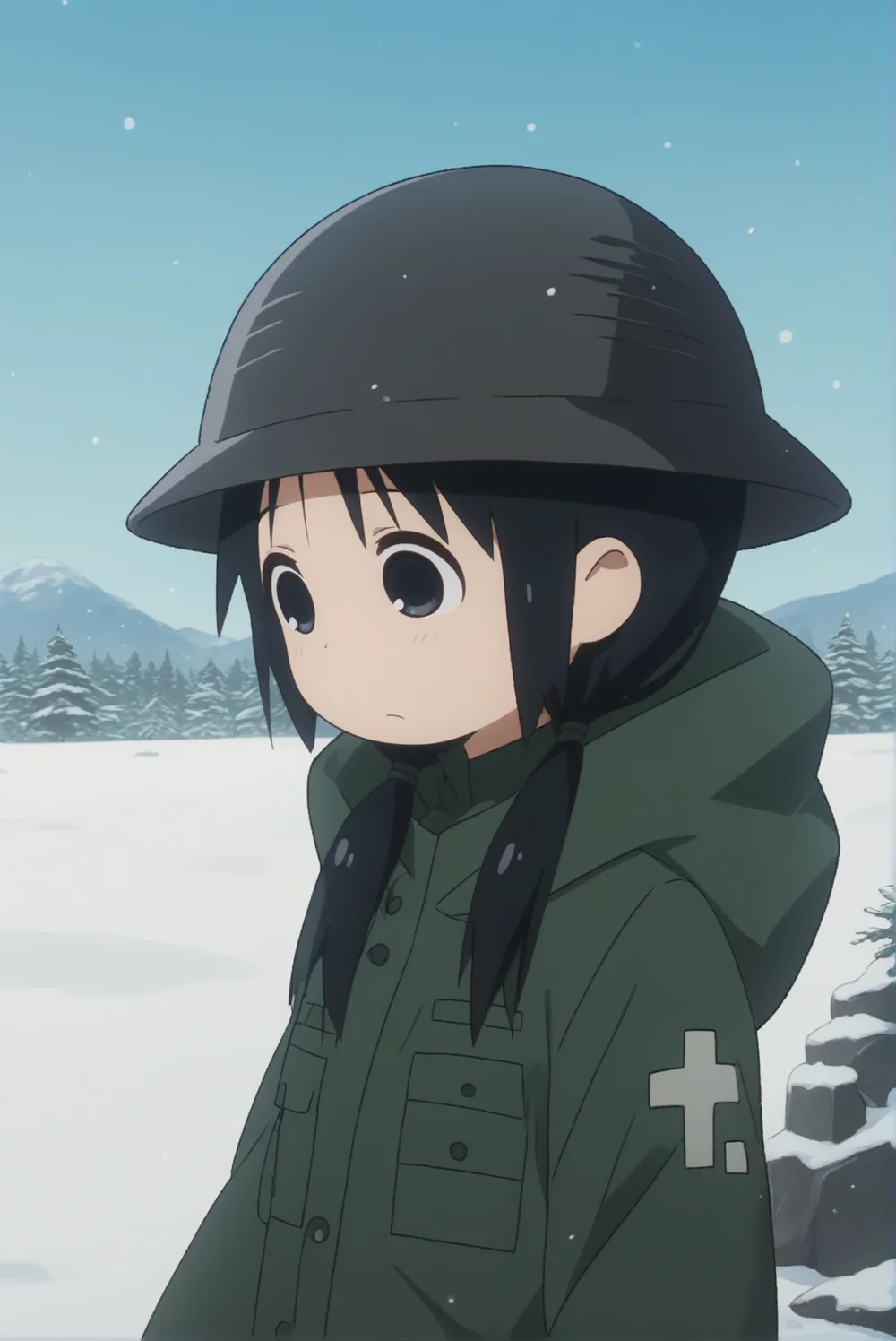 score_9, score_8_up, score_7_up, source_anime, anime coloring, Chito_GLT, black hair, black eyes, twintails, military helmet, outdoors, snow, <lora:Chito_and_Yuuri_Girls_Last_Tour:1>