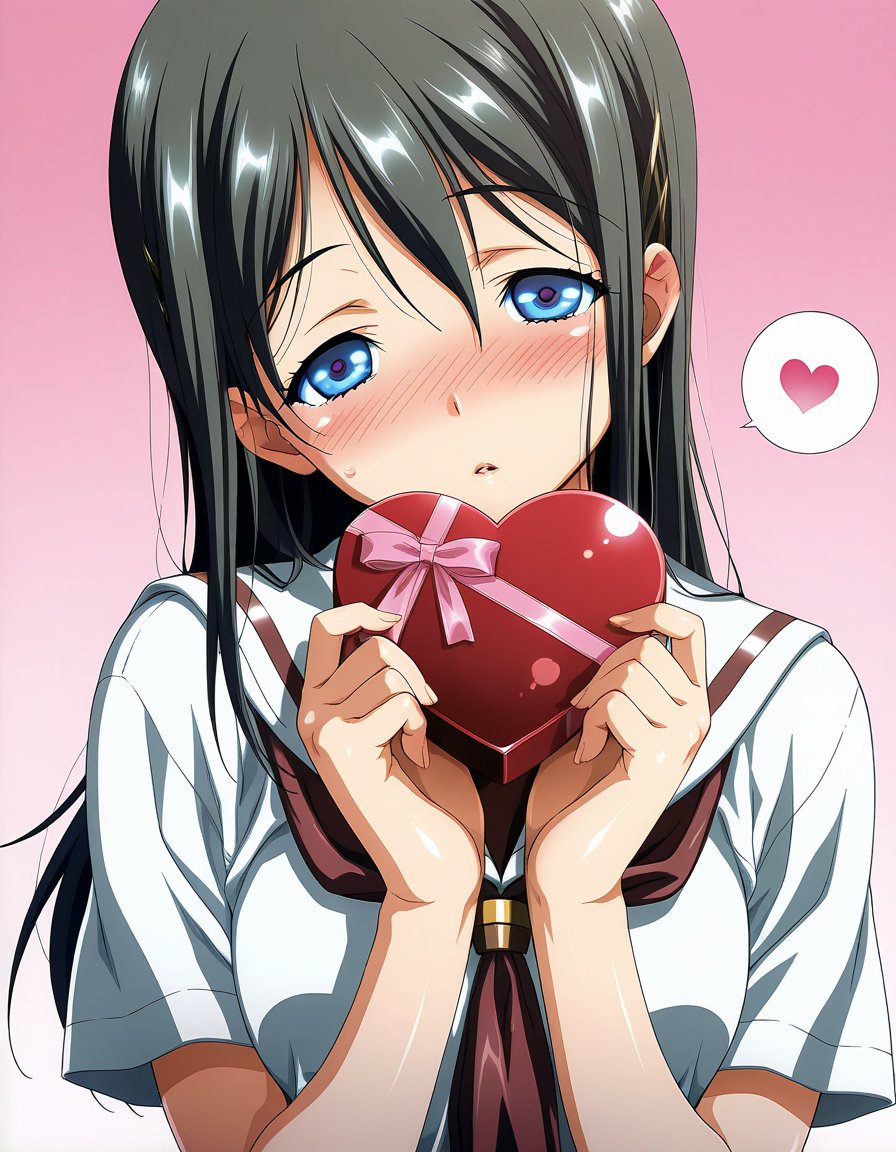 masterpiece, best quality, amazing quality, official art, ultra highres, intricate,
1girl, solo, kamimura_haruka, long hair, black hair, blue eyes, 
school uniform, BREAK lovestruck, blush, head tilt, looking at viewer, spoken heart, standing, holding heart gift, hand over own mouth, gradient background, pink background, front view, upper body, highly detailed, detailed background
<lora:kamimura haruka v1.0-000011:1>