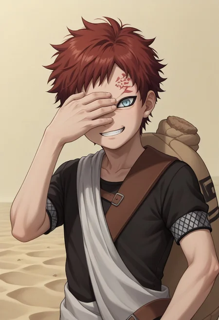 score_9, score_8_up, score_7_up, highly detailed, cute boy, 1boy, solo, young, Gaara, Red Hair, Pale Blue Eyes, Facial Mark , Black Short sleeve shirt, White Cloth Sash, leather strap, gourd, no eyebrows, angry, psychotic smirk, evil smile, covering face, covering one eye, ral-sand, sand storm, sand swirling around, sand magic