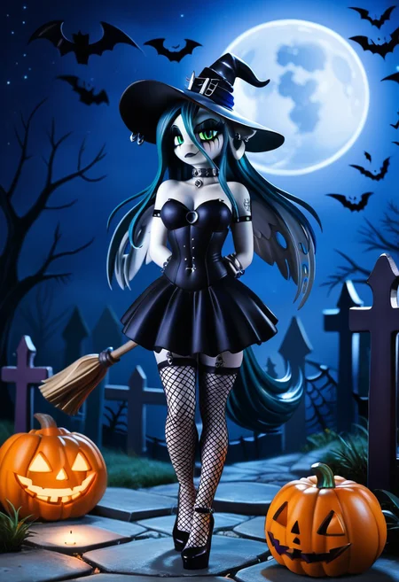 afe_pos, score_9, score_8_up, score_8, raw, source_pony, (8K), source_real, masterpiece, high quality, BREAK, (highly realistic:1,3), (realisitic face:1,4), queen chrysalis\(mlp\), (anthro pony:1.1), looking at the viewer, seductive look, big pegasus wings, tail, hands behind the back, modern witch broom with neon lights, hat, anthro, goth dress, fluffy ears, goth, ruined makeup, black lips, ear piercing, rings, bracelet, nail polish, navel piercing, white tattoo, arm tattoo, leg tattoo, white fishnets stockings, fishnets gloves, choker, long glowing hair, crown, glowing, gothic clothing, cemetery in background, dark theme, night, (((Halloween night, Halloween decorations and motifs))), halloween pumpkin shaped moon