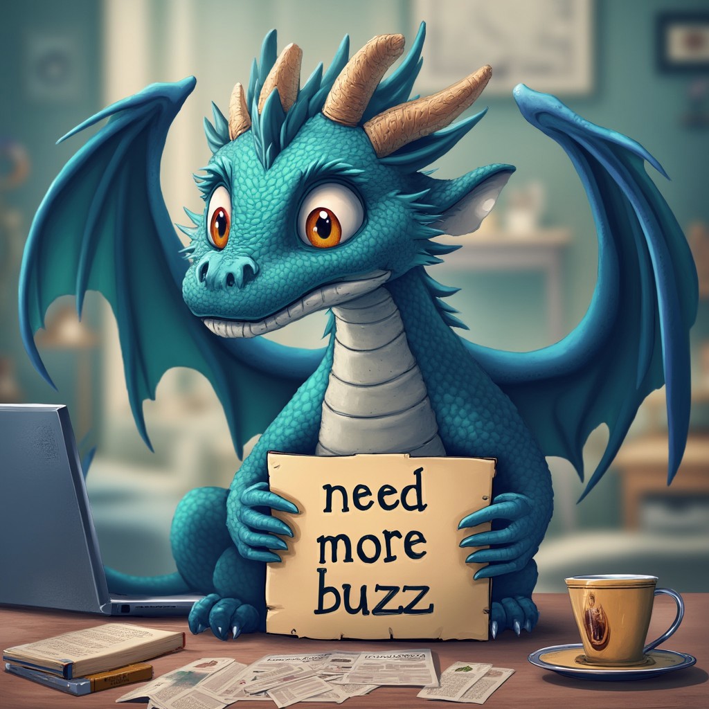 A realistic blue dragon with wings is looking sad at the viewer. The dragon is also holding a sign that says "need more buzz", and is sitting in front of a laptop and a cup of coffee, detailmaximizer