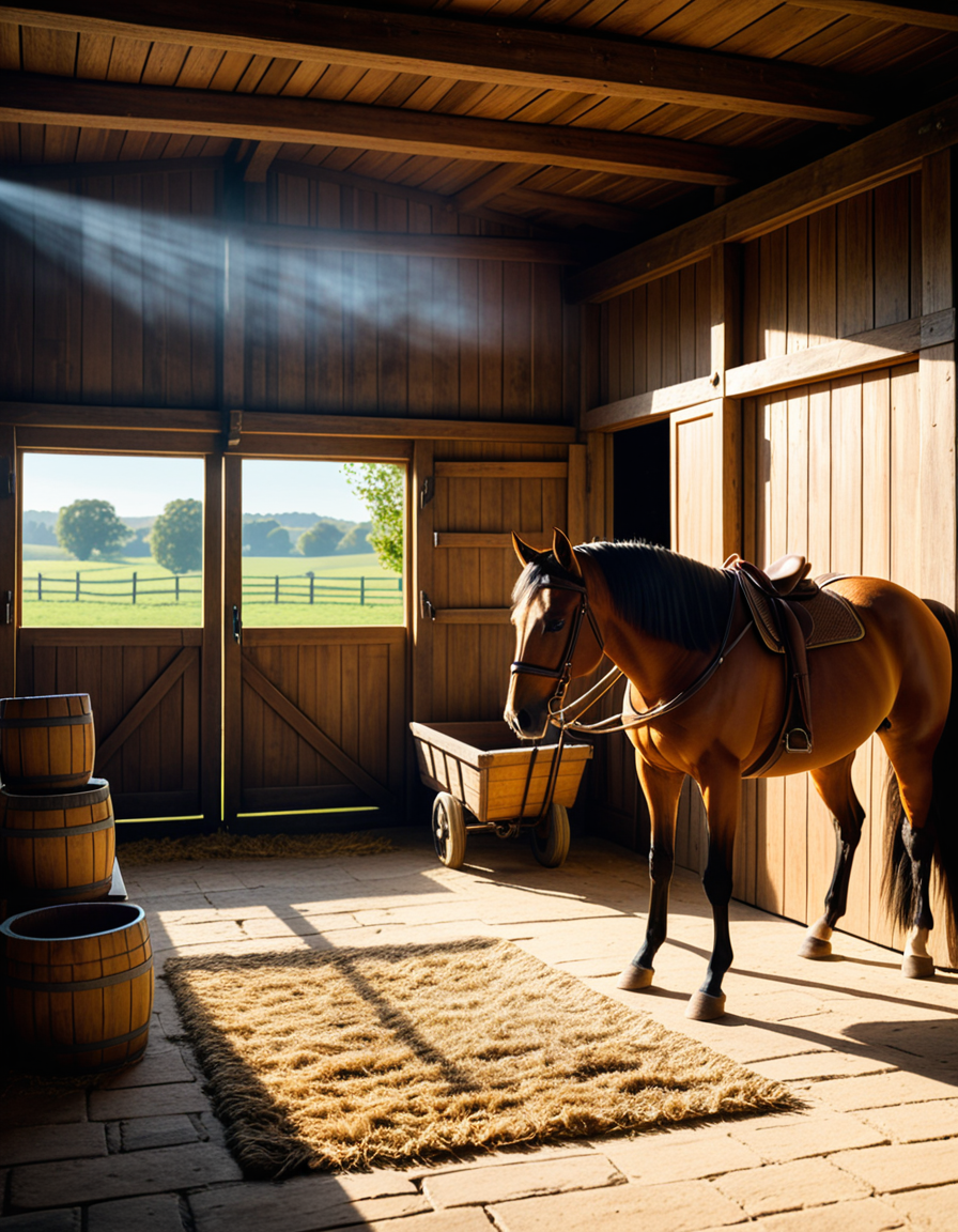 A rustic horse stable in the countryside, built with aged wooden beams and stone foundations, bathed in warm golden sunlight. The stable doors are slightly open, revealing the soft hay-covered floor inside. Horses stand calmly in their stalls, their glossy coats catching the light. Dust particles float in the air, illuminated by the sunbeams filtering through the gaps in the wooden planks. The atmosphere is serene, with a vintage, timeless feel. Weathered saddles and bridles hang neatly on the stable walls, and an old wooden cart sits nearby. The background features rolling green fields and a clear blue sky, creating a peaceful rural setting. Ultra-detailed, photorealistic, warm tones, cinematic lighting, sharp textures.
<lora:SDXLFaeTastic2400:0.4> <lora:extremely_detailed:0.4> extremely detailed,<lora:rustic_horse_st4bl3:1>,rustic horse st4bl3, Masterpiece,best quality,hi res,8k,hi res,8k,award winning,(sharp focus, intricate, highly detailed),