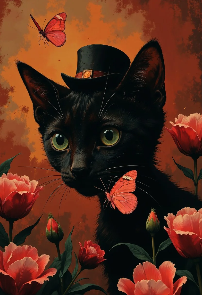 A close-up, highly detailed digital painting of a small black kitten amids tulips. its head is slightly tilted to the left, gazing directly at the viewer with large, expressive teal eyes. it wears a tiny black tophat on its head.A single pink butterfly is on its nose, The butterflies surrounding her are monarch butterflies with pink bodies featuring intricate red and yellow patterns on their wings. They appear to be interacting gently with the cat, some suspended in flight around her. The background features a warm, golden-red gradient, softly lit to create a dreamy, ethereal atmosphere. The lighting is soft and diffused, casting the cats shadow,creating gentle shadows that add depth and dimension to the portrait. The overall composition is balanced and centered, focusing on the intimate interaction between the cat and the butterflies. The serene expression and the whimsical presence of the butterflies contribute to a magical and tranquil mood.