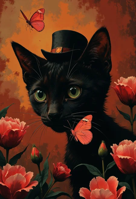 A close-up, highly detailed digital painting of a small black kitten amids tulips. its head is slightly tilted to the left, gazing directly at the viewer with large, expressive teal eyes. it wears a tiny black tophat on its head.A single pink butterfly is on its nose, The butterflies surrounding her are monarch butterflies with pink bodies featuring intricate red and yellow patterns on their wings. They appear to be interacting gently with the cat, some suspended in flight around her. The background features a warm, golden-red gradient, softly lit to create a dreamy, ethereal atmosphere. The lighting is soft and diffused, casting the cats shadow,creating gentle shadows that add depth and dimension to the portrait. The overall composition is balanced and centered, focusing on the intimate interaction between the cat and the butterflies. The serene expression and the whimsical presence of the butterflies contribute to a magical and tranquil mood.