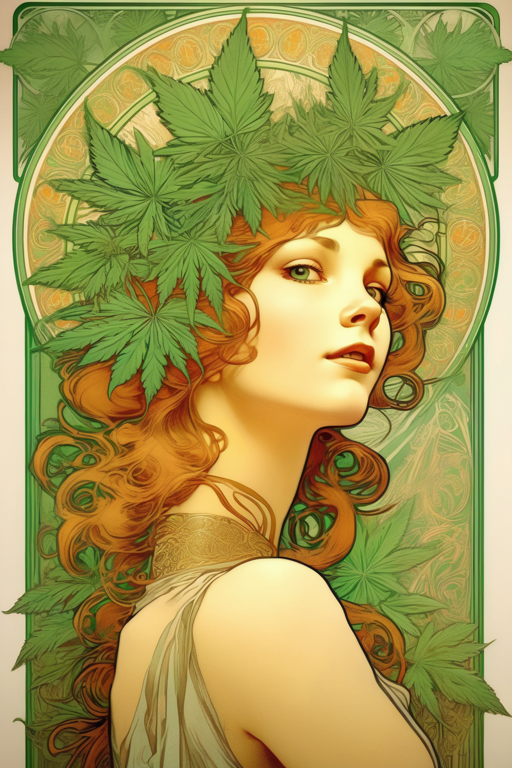 <lora:Alphonse Mucha Style:1>Alphonse Mucha Style - drawing of a girl in the style of an advertising poster by Alphonse Mucha, with an ornament of cannabis leaves