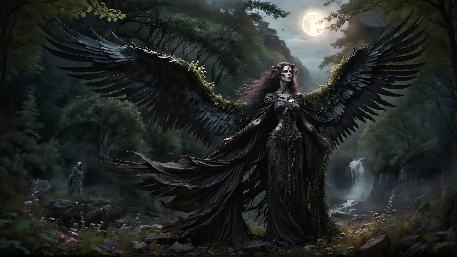 cloaked woman, female necromancer witch winged AngelicStyle <lora:SDXLAngelic:0.6> , at the edge of a forest, under the canopy, foliage in foreground, ferns, rocks, wild flowers, shallow depth of field, mountains, glen, loch, #cinematic, dark, night, moonlight <lora:Scotland:0.6>, majestic watercolor painting
