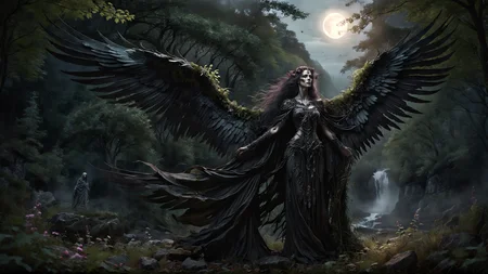 cloaked woman, female necromancer witch winged AngelicStyle <lora:SDXLAngelic:0.6> , at the edge of a forest, under the canopy, foliage in foreground, ferns, rocks, wild flowers, shallow depth of field, mountains, glen, loch, #cinematic, dark, night, moonlight <lora:Scotland:0.6>, majestic watercolor painting