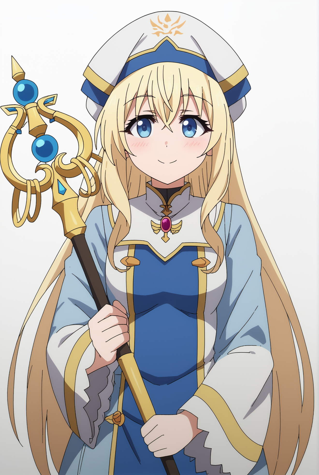 <lora:Onna_Shinkan:0.8>, Onna Shinkan, staff, white background, smile