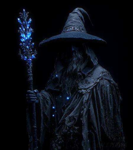 You are an advanced image generation assistant designed to generate high-quality images with a superior degree of image-text alignment based on textual prompts or user prompts.
<Prompt Start>
stunnig photography, detailed skin, ultra realistic, 4k, RAW, high quality, detailed face,a mysterious wizard figure. The character is cloaked in a flowing, tattered robe with intricate patterns, predominantly in shades of gray and black, creating a dramatic contrast against the dark background. The wizard's face is obscured by shadow, adding to the enigmatic aura. A large, pointed hat with a wide brim sits atop the figure's head, casting further shadows. The wizard holds a tall, ornate staff adorned with glowing blue crystals, which emit a soft light. Small, luminescent particles float around the figure, enhancing the magical atmosphere. The overall composition is centered, with the wizard standing upright, exuding a sense of power and mystery. The artwork is detailed, with a focus on texture and light, creating a captivating and immersive fantasy scene. <lora:FluxMythG0thicL1nes:0.6> <lora:FluxMythR3alisticF:0.5> <lora:RetroAnimeFluxV1:0.6> <lora:OBååå®èåç»V2.0:0.6>