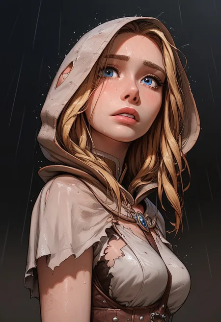 (score_9, score_8_up, score_7_up). (line work, excellent drawing, highest quality, extremely detailed:1.2). solo, 1girl, 24 year old woman, Battle Cleric, saint, vestal, hood, armor, religious, medium breasts, glossy lips, long lashes, blue eyes, blonde hair, innocent, cute face, pale skin, soft skin, scared, slut face, nympho, horseriding skirt, fantasy, dnd, g0thicPXL, romantic, source_cartoon, depth of field, medium distance, cowboy_shot, semirealistic, dynamic angle, side view, in profile, dark background, raining, torn clothes, muddy clothes, pinup pose,