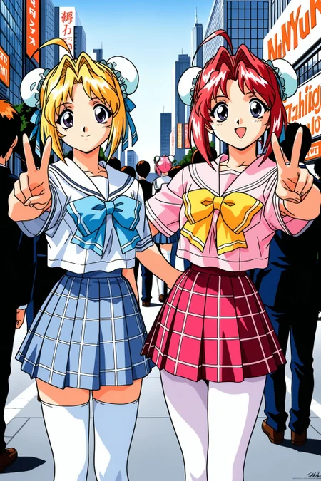 (masterpiece, best quality:1.2), amazing quality, very aesthetic, absurdres, perfect detail, 1990s \(style\), anime coloring,
new york city, street, skyscraper, billboard, crowd,
duo, 2girls, standing, cooperative v sign, smile,
fkmiku, ahoge, blonde hair, blue eyes, purple eyes, bun cover, double bun, hair intakes, short hair, blue bow, bowtie, plaid skirt, school uniform, serafuku, white legwear, BREAK
rmiku, ahoge, bangs, bun cover, double bun, hair intakes, pink hair, red hair, purple eyes, short hair, yellow bow, pantyhose, sailor collar, school uniform, serafuku, pink shirt, pleated skirt, white thighhighs,
<lora:XL_Ill_hentai_bmmiku-t1:1>
