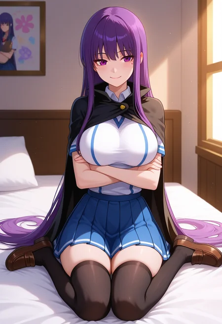 masterpiece, best quality, amazing quality, 1girl, solo, fujikoww, purple eyes, purple hair, long hair, very long hair, mole under eye, large breasts, school uniform, black cape, white school shirt, short sleeves, blue pleated skirt, zettai ryouiki, black thighhighs, loafers, <lora:Etou_Fujiko_Ichiban_Ushiro_no_Daimaou_ill_v11:0.9>, sitting, wariza, on bed, smile, arms under breasts, crossed arms, bedroom, skindentation, detailed clothing folds, depth of field, sharp, high contrast, dynamic light