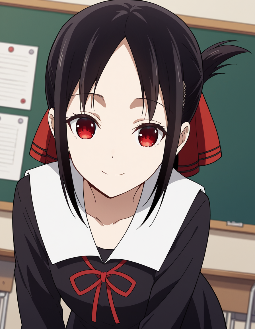 score_9, score_8_up, score_7_up, source_anime,
kaguyashinomiya, <lora:kaguya-shinomiya-s3-ponyxl-lora-nochekaiser:1>,
kaguya shinomiya, short hair, bangs, black hair, red eyes, hair ribbon, sidelocks, folded ponytail, parted bangs,
long sleeves, dress, ribbon, school uniform, collarbone, black dress, sailor collar, white sailor collar, red ribbon, neck ribbon, shuuchiin academy school uniform,
indoors, classroom, bent over, smile,
looking at viewer, cowboy shot, dutch angle, solo,