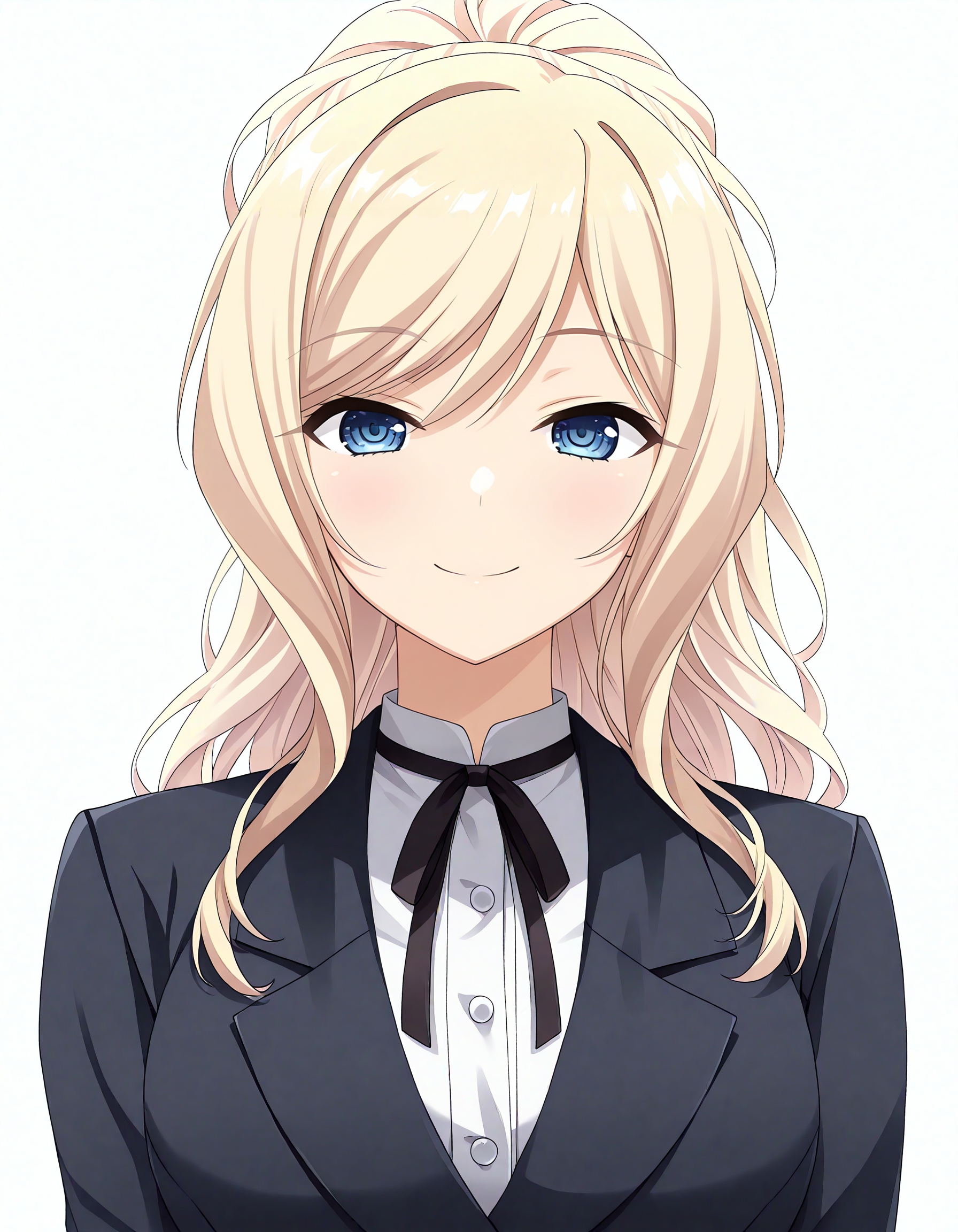 1girl, <lora:RuiIL-v2-8:1>, ru1, anime coloring, ponytail, office lady, blazer, black jacket, long sleeves, collared shirt, white shirt, neck ribbon, black ribbon, looking at viewer, smile, simple background, white background, <lora:noobai_vpred_1_masterpieces_v23:1>, very awa, masterpiece, best quality, newest, highres, absurdres