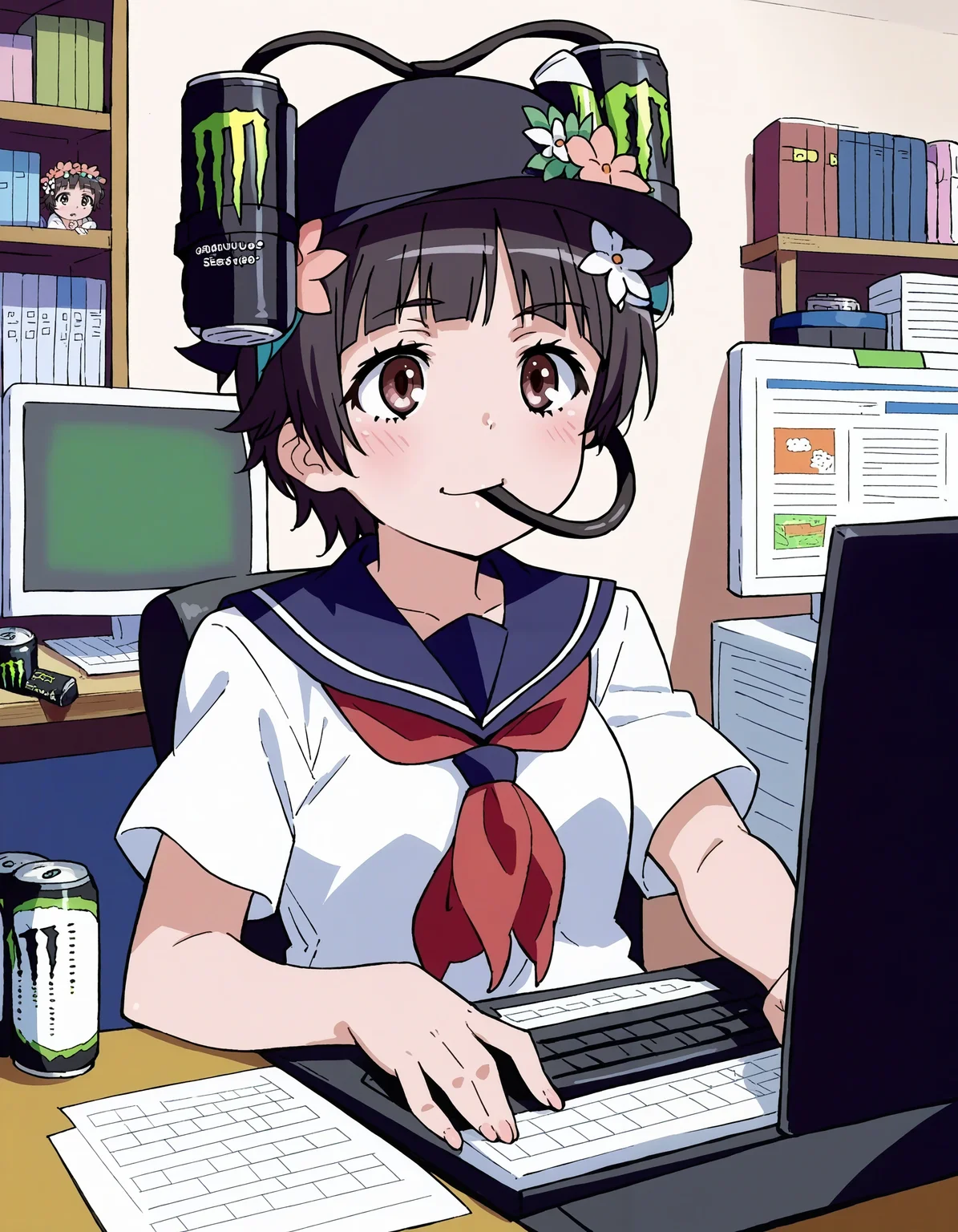 score_7_up, source_anime,
1girl, (uiharu kazari:1.2), black hair, (hair flower:1.4), beerhat, can, monster energy, no headwear, tube in mouth,
working, office, computer, screen, keyboard \(computer\), serafuku, red ribbon, white shirt,
<lora:style_railgun-pony-v1.7:1> <lora:concept_beerhat-v2.8.2-pony:1:lbw=TILOUT0>