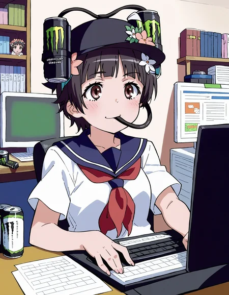 score_7_up, source_anime,
1girl, (uiharu kazari:1.2), black hair, (hair flower:1.4), beerhat, can, monster energy, no headwear, tube in mouth,
working, office, computer, screen, keyboard \(computer\), serafuku, red ribbon, white shirt,
<lora:style_railgun-pony-v1.7:1> <lora:concept_beerhat-v2.8.2-pony:1:lbw=TILOUT0>
