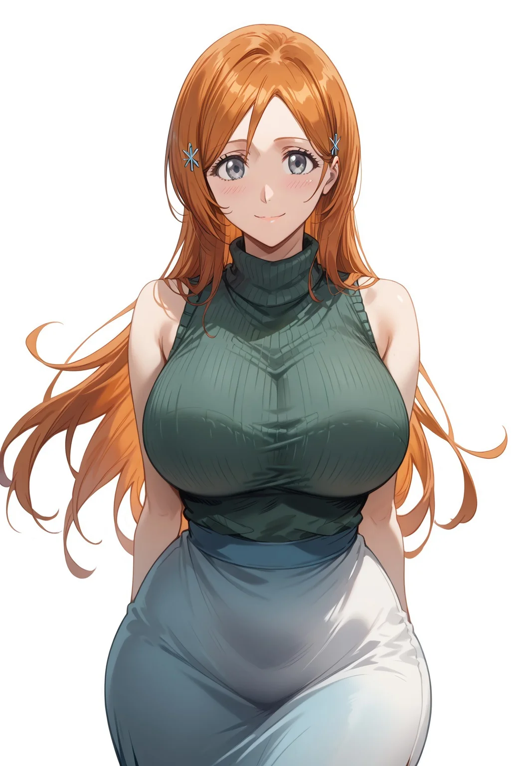 safe_pos, score_9, score_8_up, score_7_up, score_6_up, source_anime, masterpiece, best quality, high quality, highres, cinematic lighting, cinematic angles, (solo, white background, front view, closed-up), (1girl, Orihime Inoue, grey eyes, orange hair, long hair, detailed eyes, blush, bit smile, huge breasts, hands behind back, thin waists, wide hips, thick thighs, standing, posing, sexy pose, looking at viewer, sleeveless dark green sweater, turtleneck, long blue skirt, thight clothes, good_hands, perfect hands, perfect fingers, anatomically correct hands)