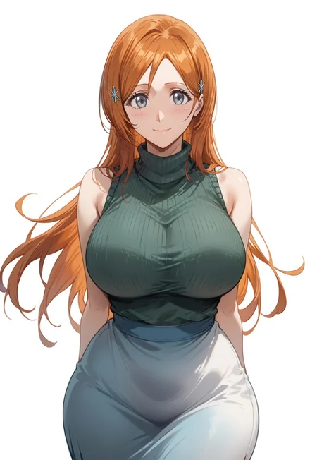safe_pos, score_9, score_8_up, score_7_up, score_6_up, source_anime, masterpiece, best quality, high quality, highres, cinematic lighting, cinematic angles, (solo, white background, front view, closed-up), (1girl, Orihime Inoue, grey eyes, orange hair, long hair, detailed eyes, blush, bit smile, huge breasts, hands behind back, thin waists, wide hips, thick thighs, standing, posing, sexy pose, looking at viewer, sleeveless dark green sweater, turtleneck, long blue skirt, thight clothes, good_hands, perfect hands, perfect fingers, anatomically correct hands)