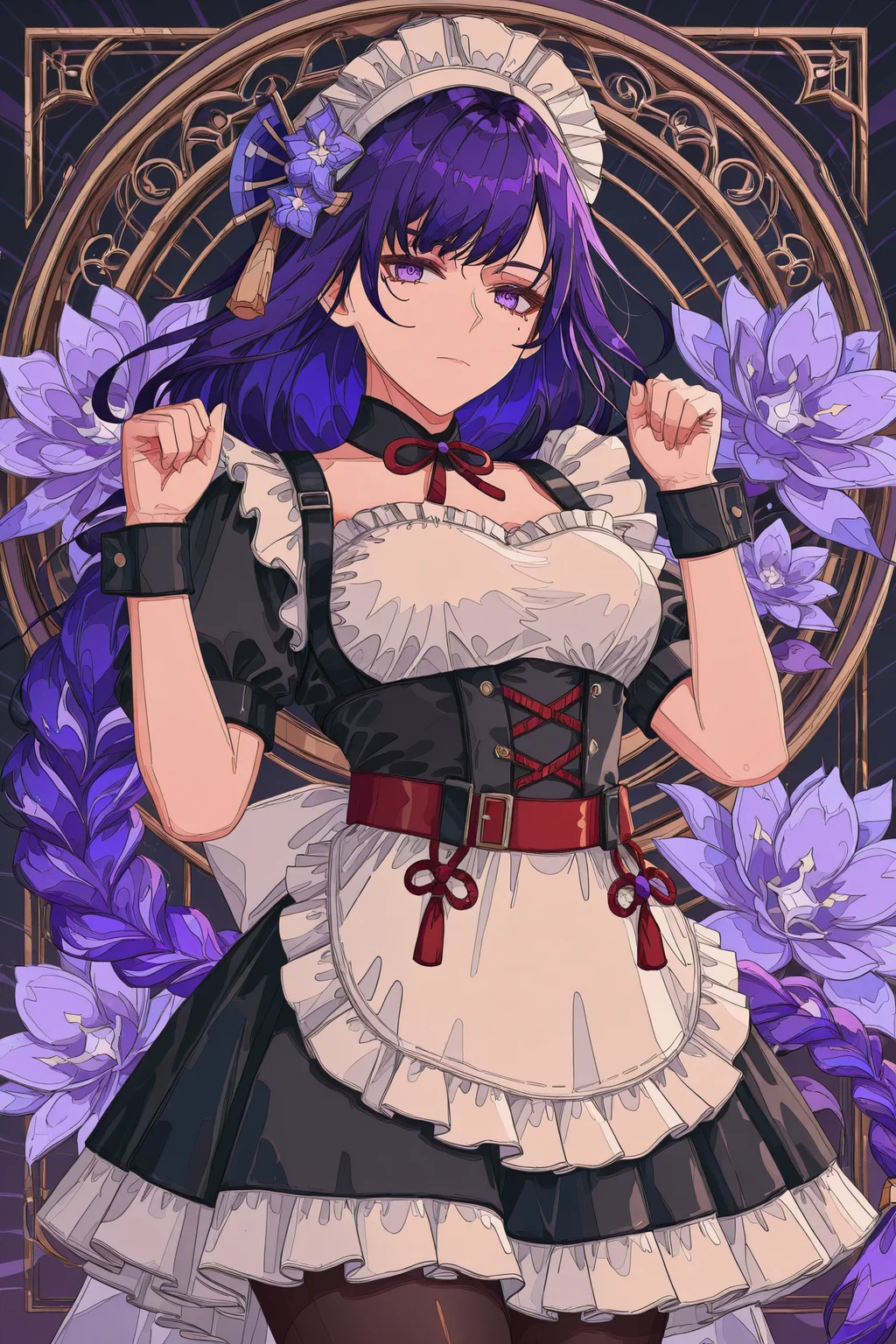 1girl,raiden shogun,solo,purple hair,purple eyes,long hair,maid,maid headdress,apron,alternate costume,braid,dress,short sleeves,black dress,hair ornament,mole under eye,maid apron,frills,enmaided,looking at viewer,closed mouth,wrist cuffs,flower,braided ponytail,very long hair,puffy sleeves,puffy short sleeves,belt,white apron,mole,frilled dress,purple flower,cowboy shot,pantyhose,hands up,hair flower,multicolored background,dark background,paw pose,
<lora:nest virgo_illustriousXL:1.5>,