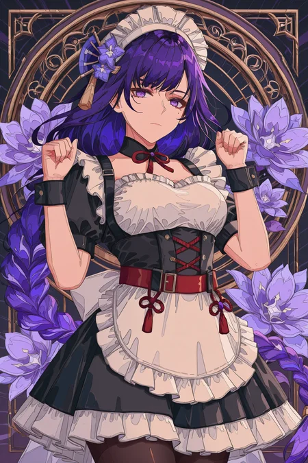 1girl,raiden shogun,solo,purple hair,purple eyes,long hair,maid,maid headdress,apron,alternate costume,braid,dress,short sleeves,black dress,hair ornament,mole under eye,maid apron,frills,enmaided,looking at viewer,closed mouth,wrist cuffs,flower,braided ponytail,very long hair,puffy sleeves,puffy short sleeves,belt,white apron,mole,frilled dress,purple flower,cowboy shot,pantyhose,hands up,hair flower,multicolored background,dark background,paw pose,
<lora:nest virgo_illustriousXL:1.5>,