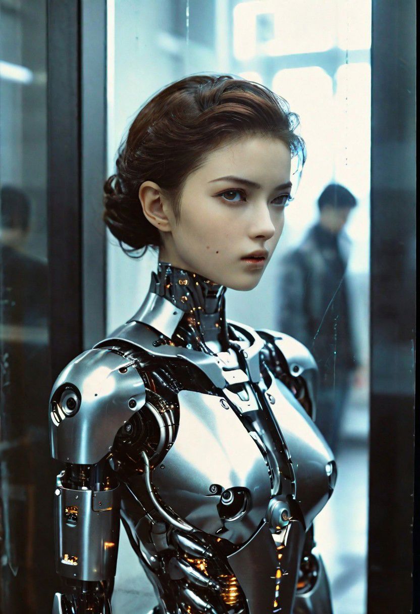Transparent Elegant Anime Futuristic Android Humanoid Robot, Cyberpunk Artificial Intelligence Movie, Ex Machina Movie, Portrait, Robotics, Darkcore, Cyborgism, Surface Detail, talking to boy Nikon D750, long shot Professional photo of a robotic full body, hyper-realistic, natural beauty, no filter, depth of field, natural light, fashion catalog