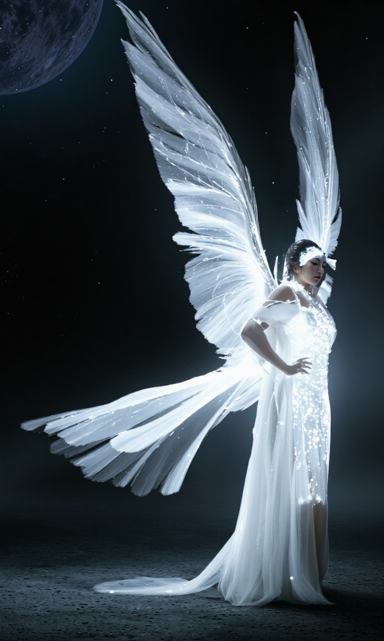 Top Atmosphere Photography Works, extremely realistic, Art by Zhang Jing. 

a fairy wearing (a white Hanfu/made of glowing fiber optic circuits, luminescent fiber-optic electrical circuits),  a pair of folded white glowing giant feather wings, the surrounding is a dark, empty void. the image is high quality and vivid with tech aesthetics.

(photorealistic:1.2), (Extremely realistic, masterpiece, top quality, official art, best quality, beautiful and aesthetic:1.2), 4k, 8k, very rich details, 24bit colors, vivid colors, cinematic color grading,