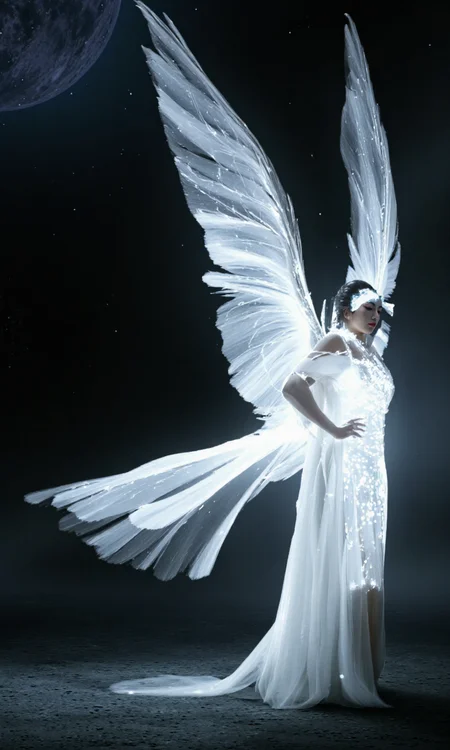 Top Atmosphere Photography Works, extremely realistic, Art by Zhang Jing.
a fairy wearing (a white Hanfu/made of glowing fiber optic circuits, luminescent fiber-optic electrical circuits), a pair of folded white glowing giant feather wings, the surrounding is a dark, empty void. the image is high quality and vivid with tech aesthetics.
(photorealistic:1.2), (Extremely realistic, masterpiece, top quality, official art, best quality, beautiful and aesthetic:1.2), 4k, 8k, very rich details, 24bit colors, vivid colors, cinematic color grading,