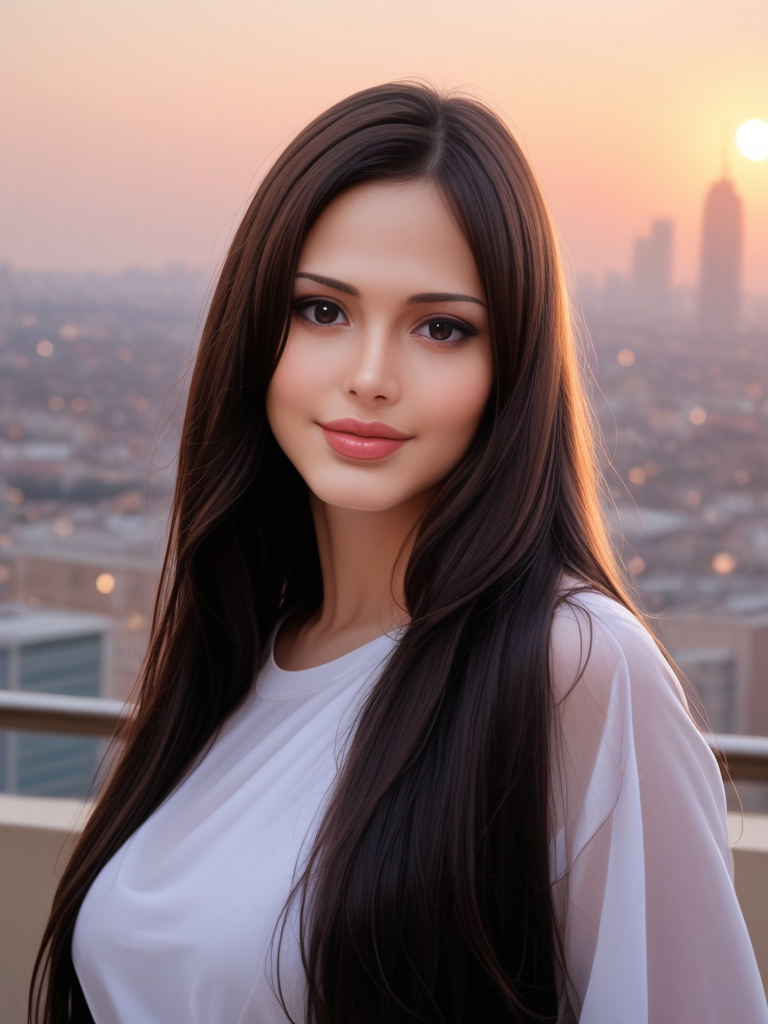score_9, score_8_up, score_7_up, Patricia Araujo, Patricia4r4ujo, <lora:Patricia4r4ujo-000008-pony:1>,  cinematic, ultra detailed, portrait, 1girl, makeup, lips, long hair, dark hair, big lips, wearing big baggy shirt, cityscape, 1980s, solo, looking at viewer, bokeh, focus, film, velvia, artistic, best quality, photograph, focus, face focused, magic hour, photography, warm light, sunset, movie still,