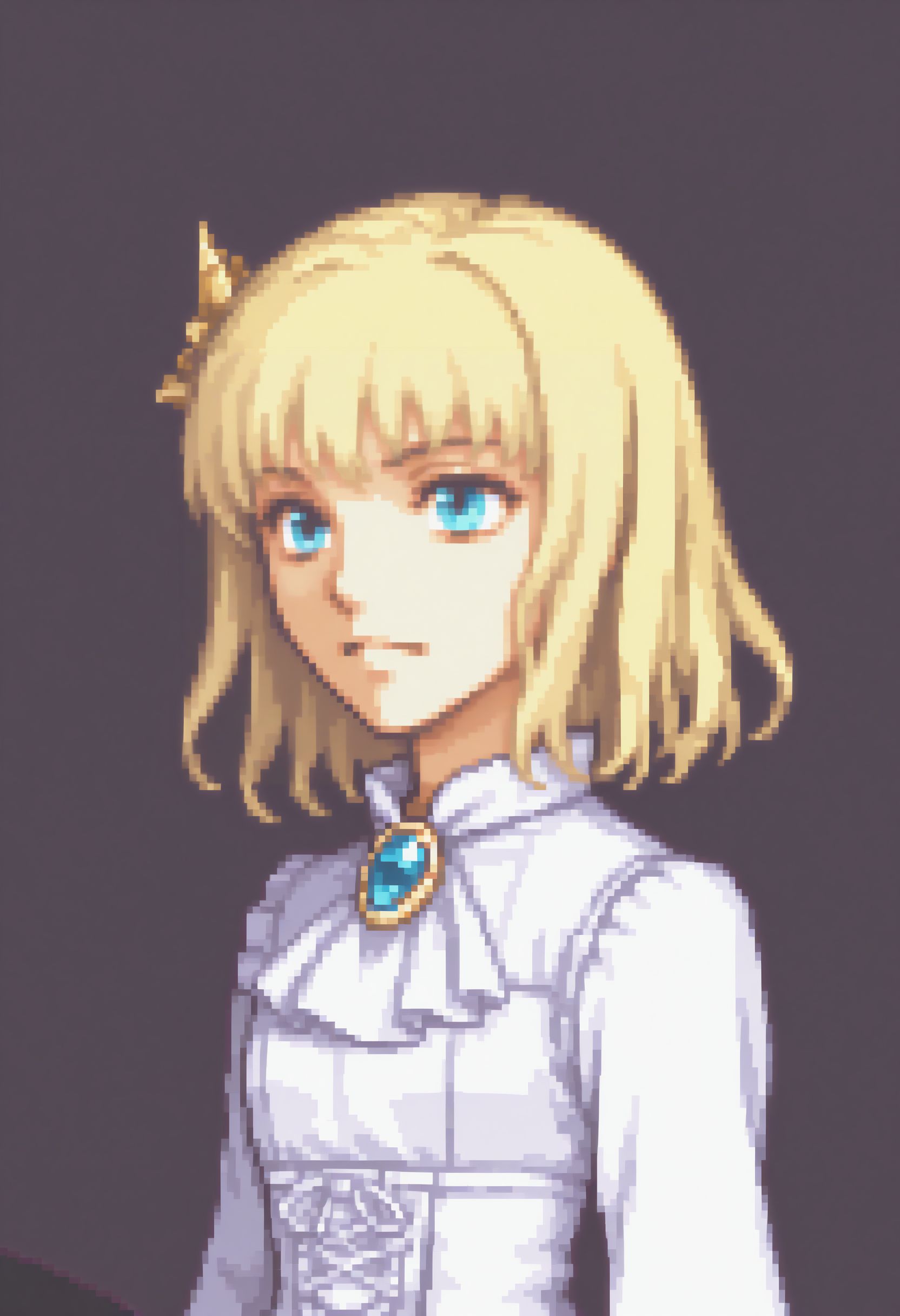 masterpiece,best quality,absurdres,highres,very aesthetic,high quality,detailed,insanely detailed,beautiful,perfect lighting, looking at viewer, 
 <lora:Leivinia Birdway illu:1> 1girl, blonde hair, blue eyes, short hair, white dress, ascot, frills, hair ornament, black pantyhose, long sleeves <lora:FEGBA-PortraitsV2-illus_Fp:1> portrait, pixel art, simple background, upper body,