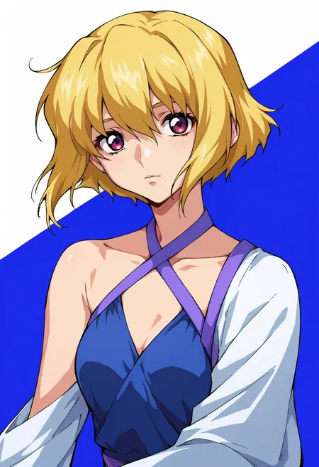 score_9,score_8_up,score_7_up,score_6_up,score_5_up,score_4_up,anime coloring,source_anime,<lora:Stella_Loussier_SEED_Destiny_Pony:0.8>,stella,1girl,solo,purple eyes,blonde hair,short hair,two-tone dress,halterneck,multicolored background,portrait,upper body,looking at viewer,