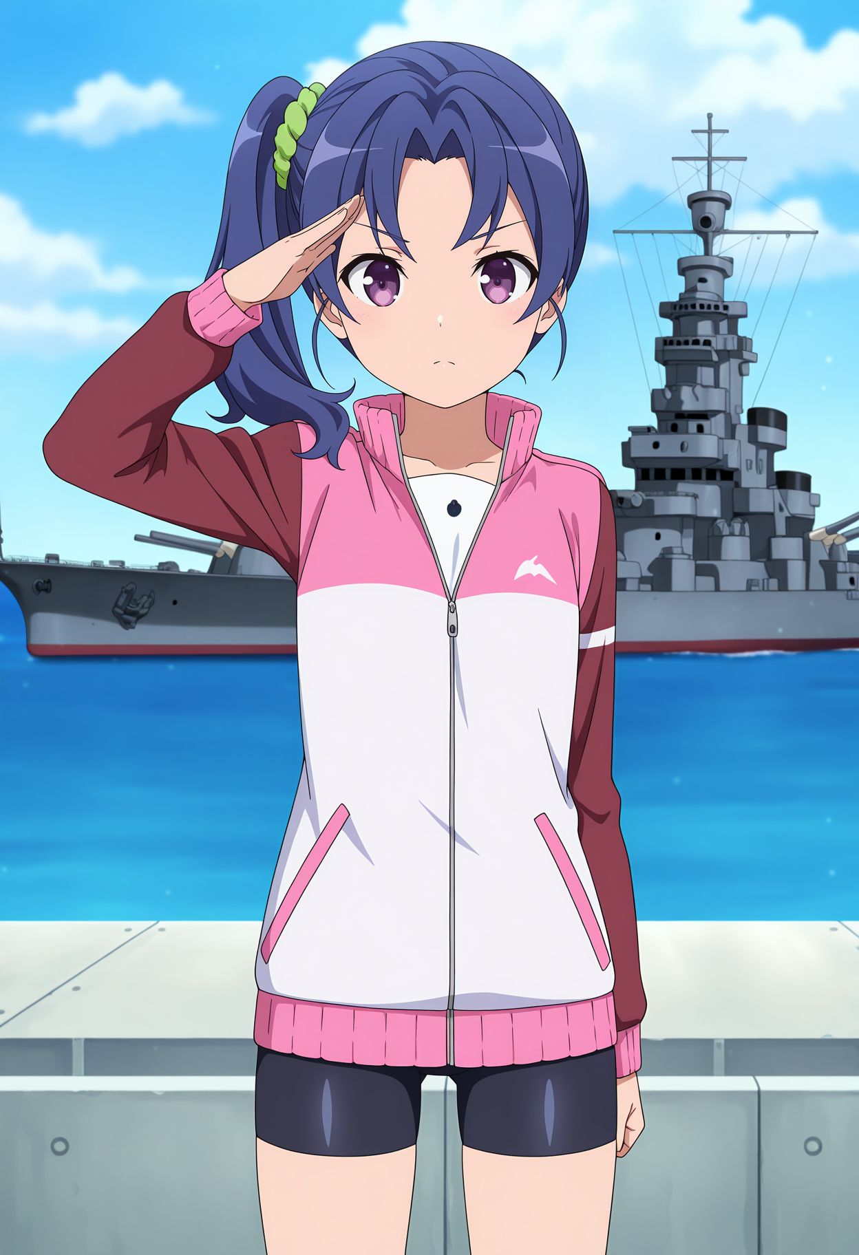 anime screencap, masterpiece, best quality,
<lora:HighSchoolFleet_WazumiHime_IlluXL:0.9>,
1girl, solo, serious,
side ponytail, long hair, blue hair, purple  eyes, hair scrunchie, green scrunchie,
multicolored jacket, pink jacket, white jacket, red jacket, open collar, long sleeves, bike shorts,
salute, standing, looking at viewer, cowboy shot, legs,
horizon, dock, outdoors, battleship, warship, blue sky, blurry background