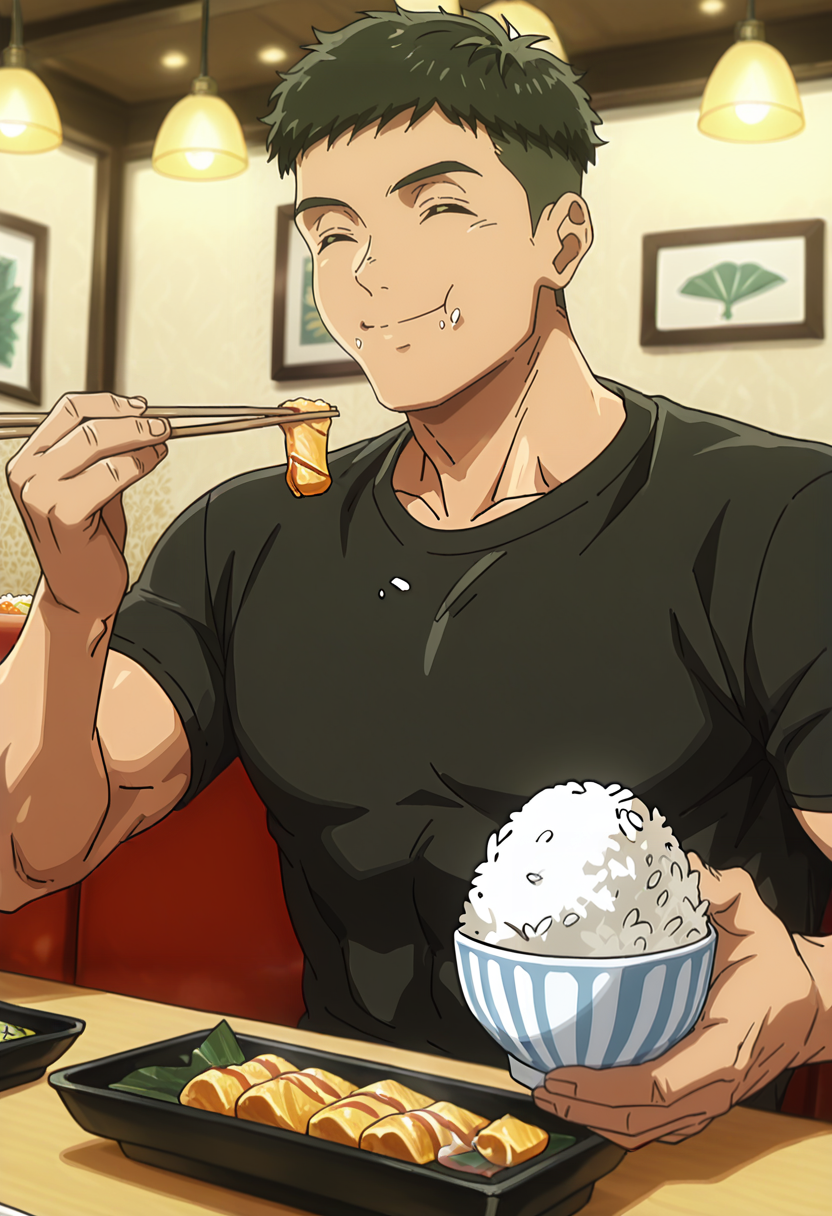 green_yok0kaw4_yuusuk3_eyes, yok0kaw4_yuusuk3, black_yok0kaw4_yuusuk3_hair, 1boy, anime coloring, male focus, solo, muscular male,  sitting, facing viewer, eating, rice bowl, smile, food on face, holding chopsticks, food, indoors, restaurant,  shadow, dynamic angle, dynamic action, atmospheric perspective, intricate lighting, intricately detailed illustration, depth of field, masterpiece, best quality, newest, absurdres, anime screencap, intricate details, good quality, very awa, highres, perfect proportions, perfect eyes, amazing quality, very aesthetic,
<lora:Yokokawa_Yuusuke_Love_All_Play:1>