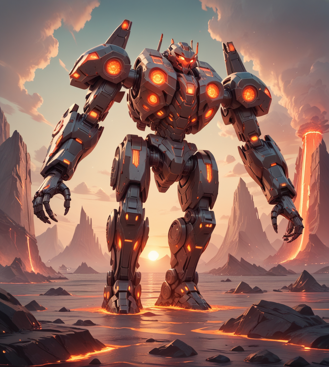 score_9. score_8_up. score_7_up. score_6_up. score_5_up. score_4_up . mecha. robot. giant robot. ocean. pacific rim. sunset. walking. science fiction. futuristic. epic. from below, scenery,
magma, lava, glowing, molten rock,
 <lora:magma_12_lbw_2:1.1>