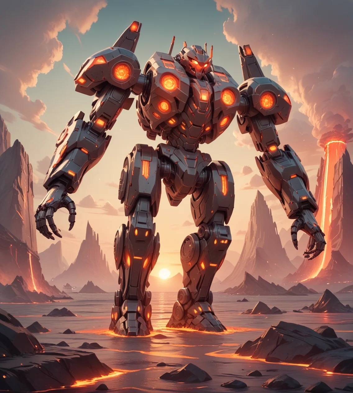 score_9. score_8_up. score_7_up. score_6_up. score_5_up. score_4_up . mecha. robot. giant robot. ocean. pacific rim. sunset. walking. science fiction. futuristic. epic. from below, scenery,
magma, lava, glowing, molten rock,
<lora:magma_12_lbw_2:1.1>